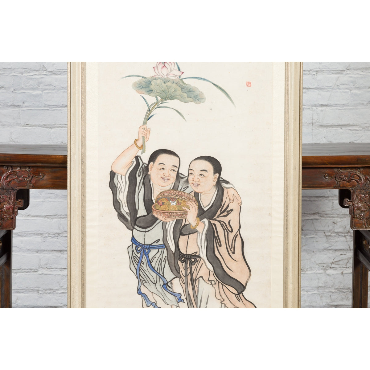 Framed Painting of Two Japanese Buddhist Monks with Lotus Flower and Wicker Box-6. Asian & Chinese Furniture, Art, Antiques, Vintage Home Décor for sale at FEA Home