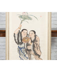 Framed Painting of Two Japanese Buddhist Monks with Lotus Flower and Wicker Box-6. Asian & Chinese Furniture, Art, Antiques, Vintage Home Décor for sale at FEA Home
