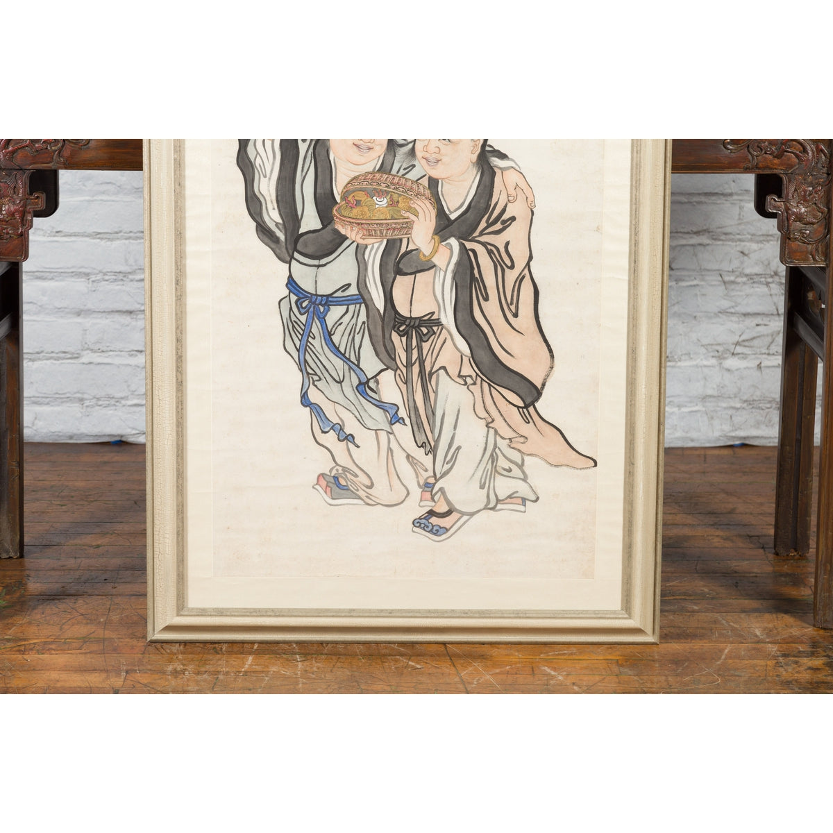 Framed Painting of Two Japanese Buddhist Monks with Lotus Flower and Wicker Box-7. Asian & Chinese Furniture, Art, Antiques, Vintage Home Décor for sale at FEA Home