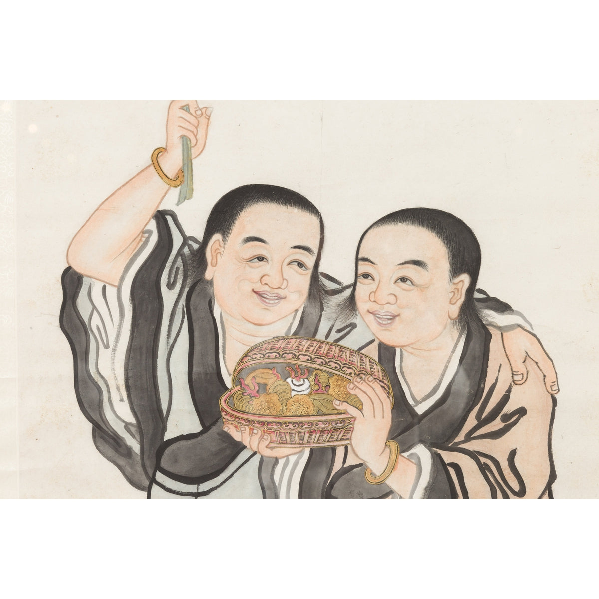 Framed Painting of Two Japanese Buddhist Monks with Lotus Flower and Wicker Box-10. Asian & Chinese Furniture, Art, Antiques, Vintage Home Décor for sale at FEA Home