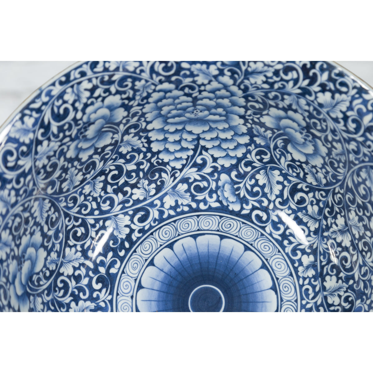 Large Thai Hand-Painted Blue and White Porcelain Bowl with Floral Motifs-15. Asian & Chinese Furniture, Art, Antiques, Vintage Home Décor for sale at FEA Home