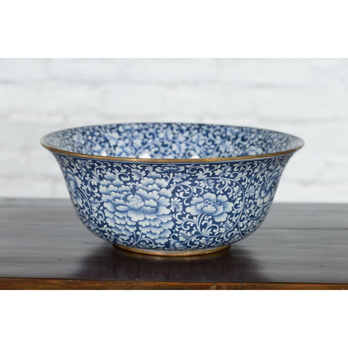Large Thai Hand-Painted Blue and White Porcelain Bowl with Floral Motifs-7. Asian & Chinese Furniture, Art, Antiques, Vintage Home Décor for sale at FEA Home