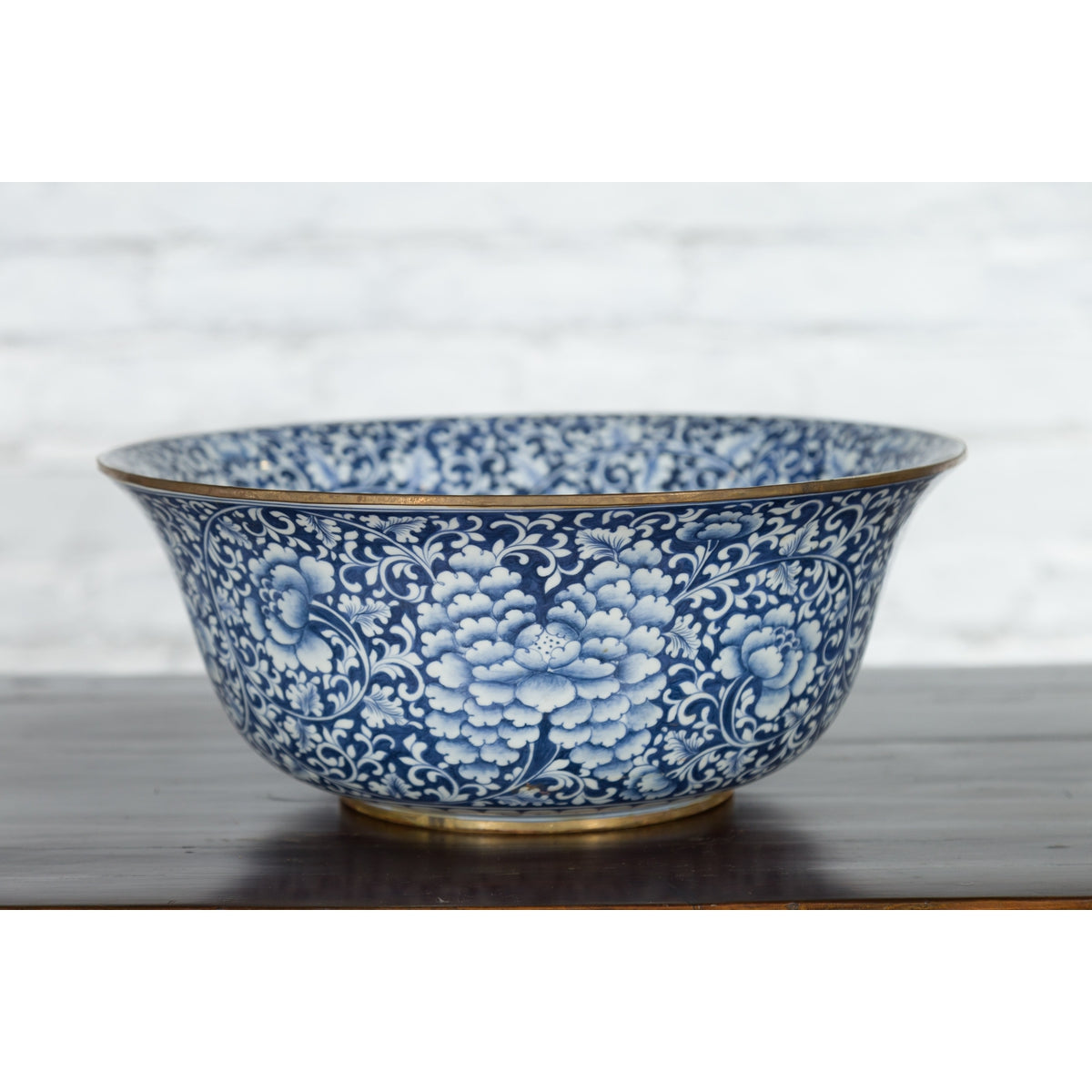 Large Thai Hand-Painted Blue and White Porcelain Bowl with Floral Motifs-9. Asian & Chinese Furniture, Art, Antiques, Vintage Home Décor for sale at FEA Home