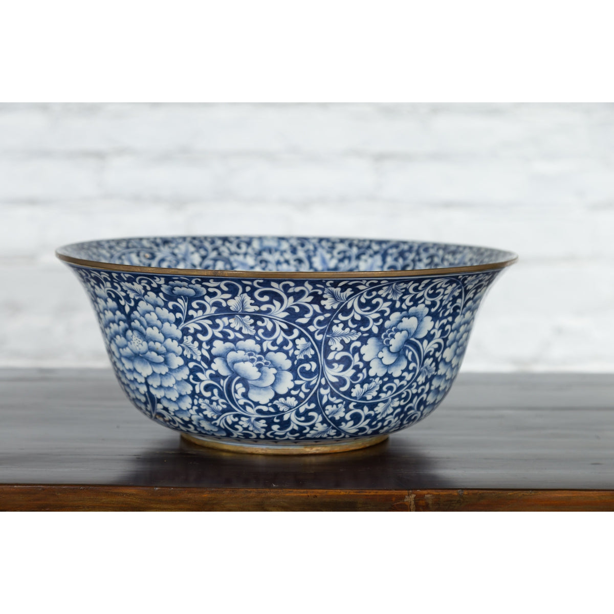Large Thai Hand-Painted Blue and White Porcelain Bowl with Floral Motifs-4. Asian & Chinese Furniture, Art, Antiques, Vintage Home Décor for sale at FEA Home