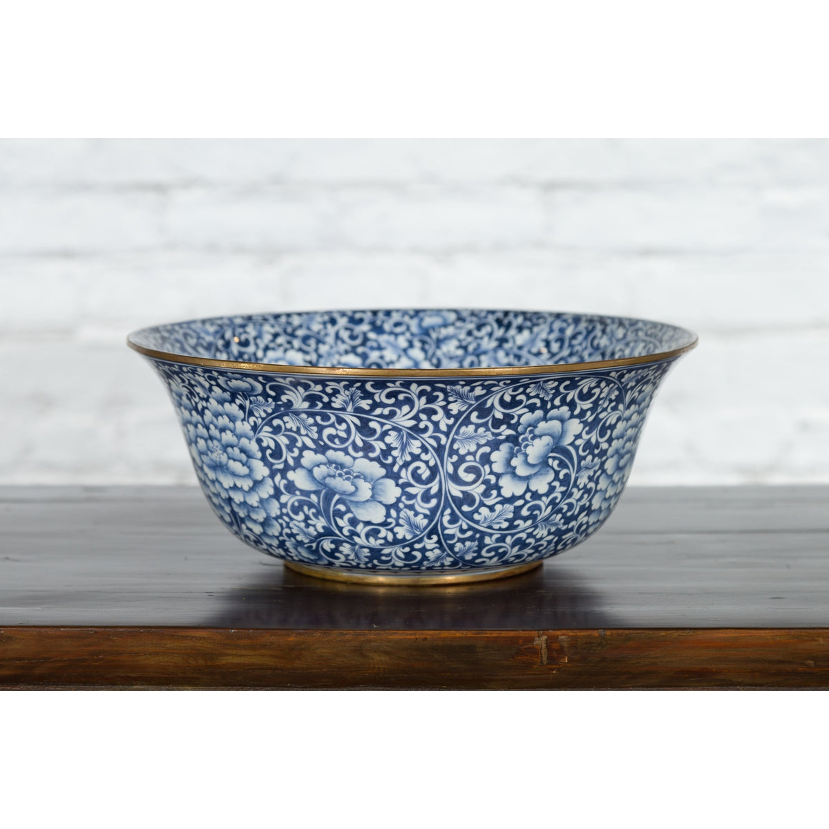 Large Thai Hand-Painted Blue and White Porcelain Bowl with Floral Motifs-3. Asian & Chinese Furniture, Art, Antiques, Vintage Home Décor for sale at FEA Home