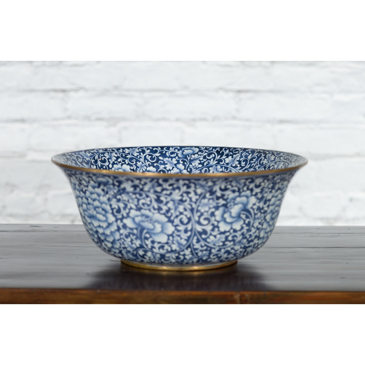Large Thai Hand-Painted Blue and White Porcelain Bowl with Floral Motifs-5. Asian & Chinese Furniture, Art, Antiques, Vintage Home Décor for sale at FEA Home