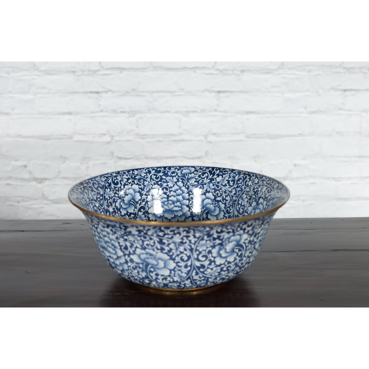 Large Thai Hand-Painted Blue and White Porcelain Bowl with Floral Motifs-8. Asian & Chinese Furniture, Art, Antiques, Vintage Home Décor for sale at FEA Home