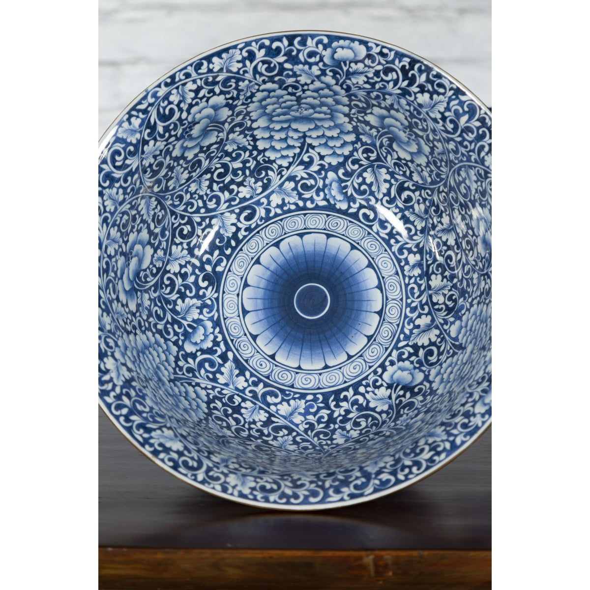 Large Thai Hand-Painted Blue and White Porcelain Bowl with Floral Motifs-12. Asian & Chinese Furniture, Art, Antiques, Vintage Home Décor for sale at FEA Home