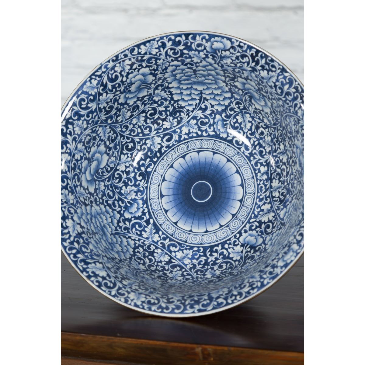 Large Thai Hand-Painted Blue and White Porcelain Bowl with Floral Motifs-13. Asian & Chinese Furniture, Art, Antiques, Vintage Home Décor for sale at FEA Home