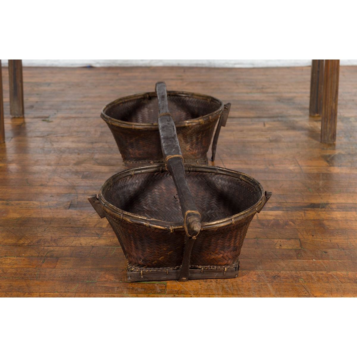 Early 20th Century Shoulder Rice Carrying Yoke with Bamboo and Rattan Baskets-14. Asian & Chinese Furniture, Art, Antiques, Vintage Home Décor for sale at FEA Home