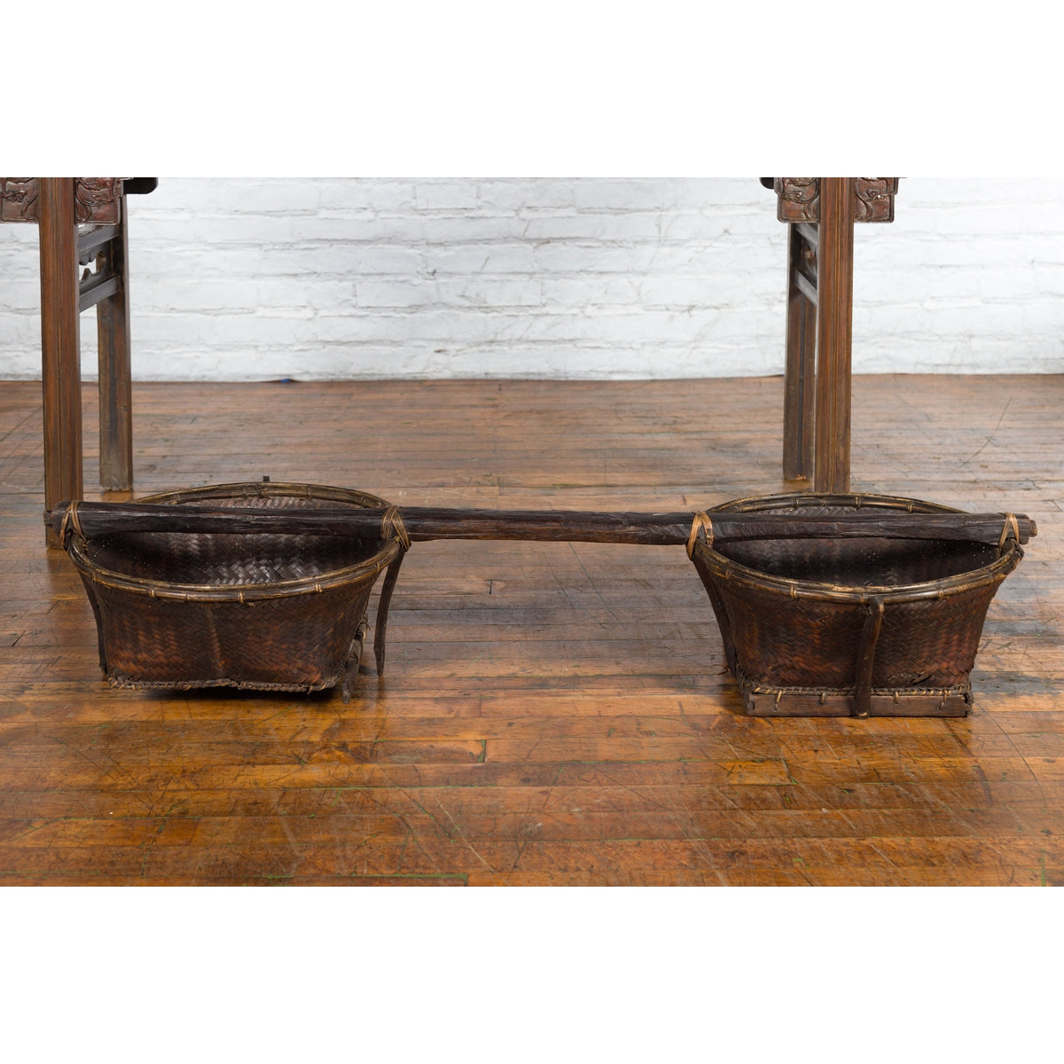 Early 20th Century Shoulder Rice Carrying Yoke with Bamboo and Rattan Baskets-4. Asian & Chinese Furniture, Art, Antiques, Vintage Home Décor for sale at FEA Home