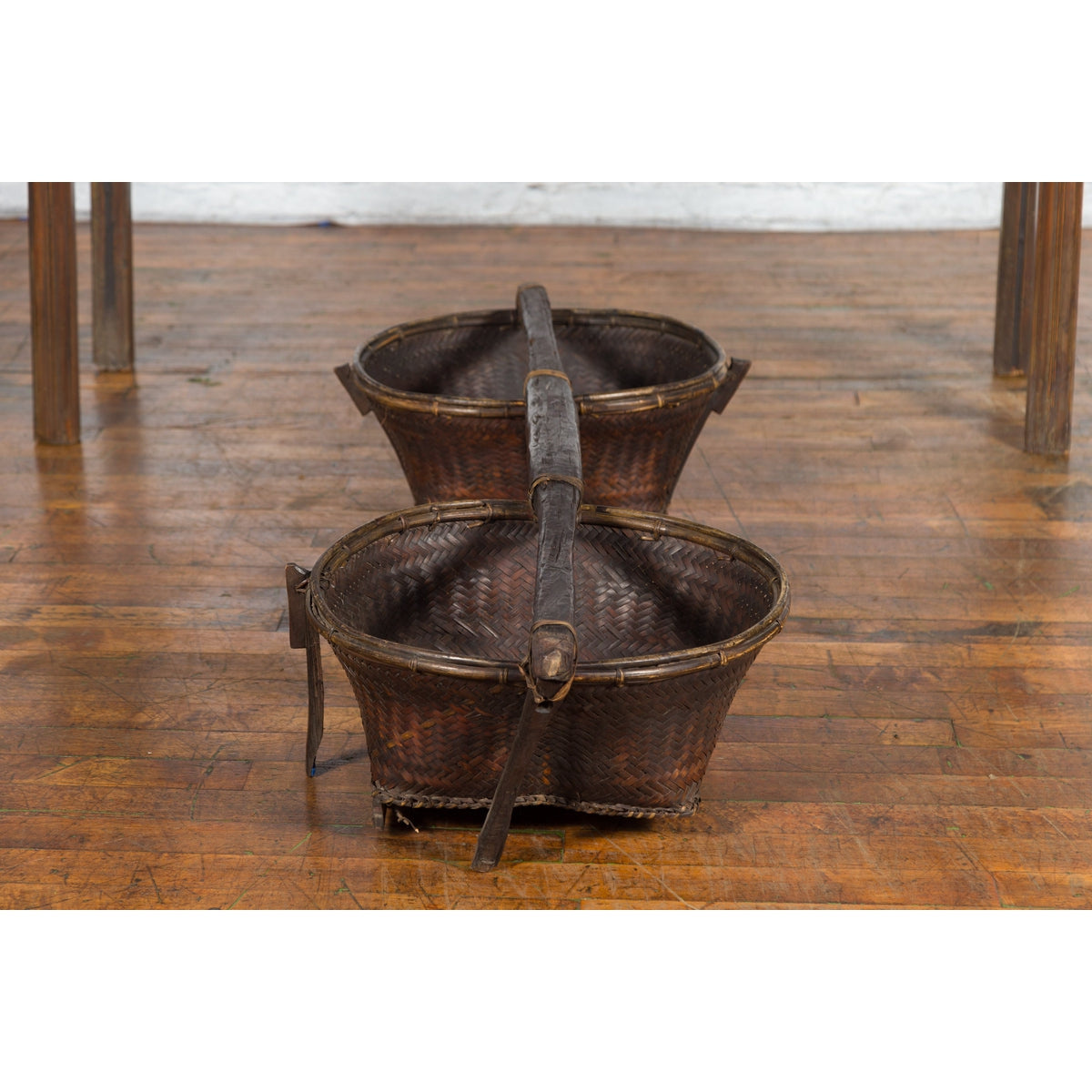 Early 20th Century Shoulder Rice Carrying Yoke with Bamboo and Rattan Baskets-15. Asian & Chinese Furniture, Art, Antiques, Vintage Home Décor for sale at FEA Home