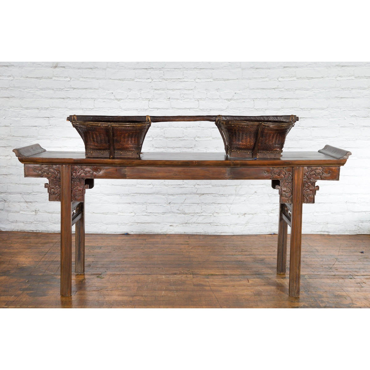 Early 20th Century Shoulder Rice Carrying Yoke with Bamboo and Rattan Baskets-3. Asian & Chinese Furniture, Art, Antiques, Vintage Home Décor for sale at FEA Home