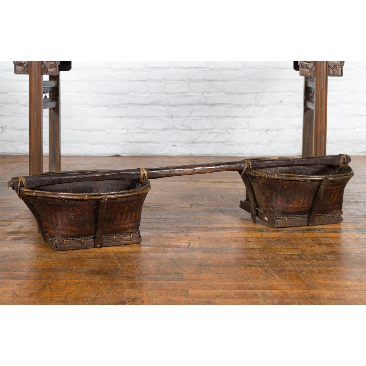 Early 20th Century Shoulder Rice Carrying Yoke with Bamboo and Rattan Baskets-5. Asian & Chinese Furniture, Art, Antiques, Vintage Home Décor for sale at FEA Home