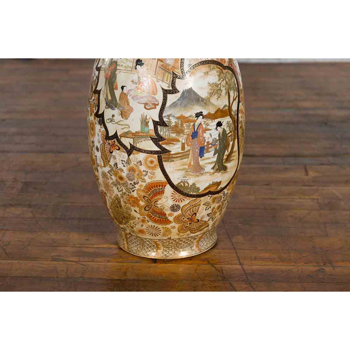 Large Japanese Vintage Kutani Style Scalloped Palace Vase with Court Scenes-10. Asian & Chinese Furniture, Art, Antiques, Vintage Home Décor for sale at FEA Home