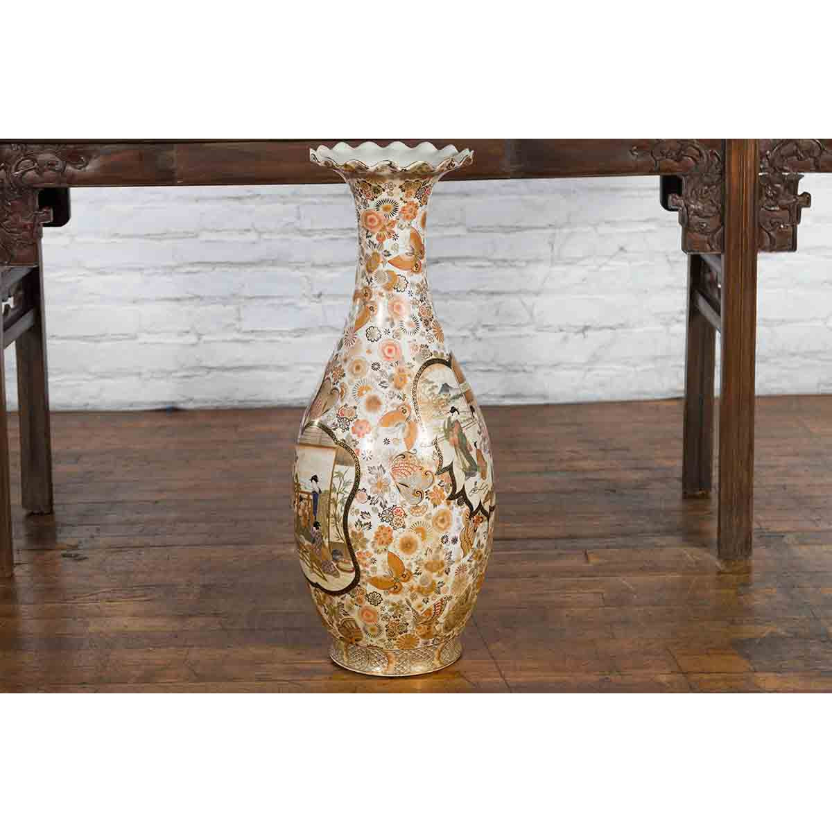 Large Japanese Vintage Kutani Style Scalloped Palace Vase with Court Scenes-3. Asian & Chinese Furniture, Art, Antiques, Vintage Home Décor for sale at FEA Home
