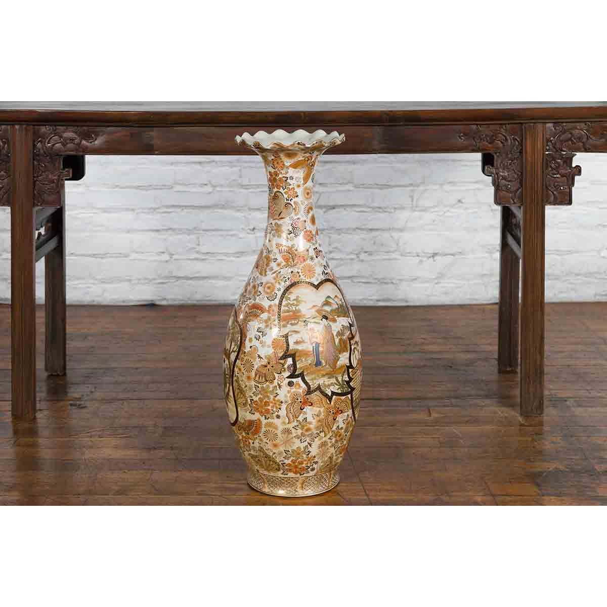 Large Japanese Vintage Kutani Style Scalloped Palace Vase with Court Scenes-4. Asian & Chinese Furniture, Art, Antiques, Vintage Home Décor for sale at FEA Home