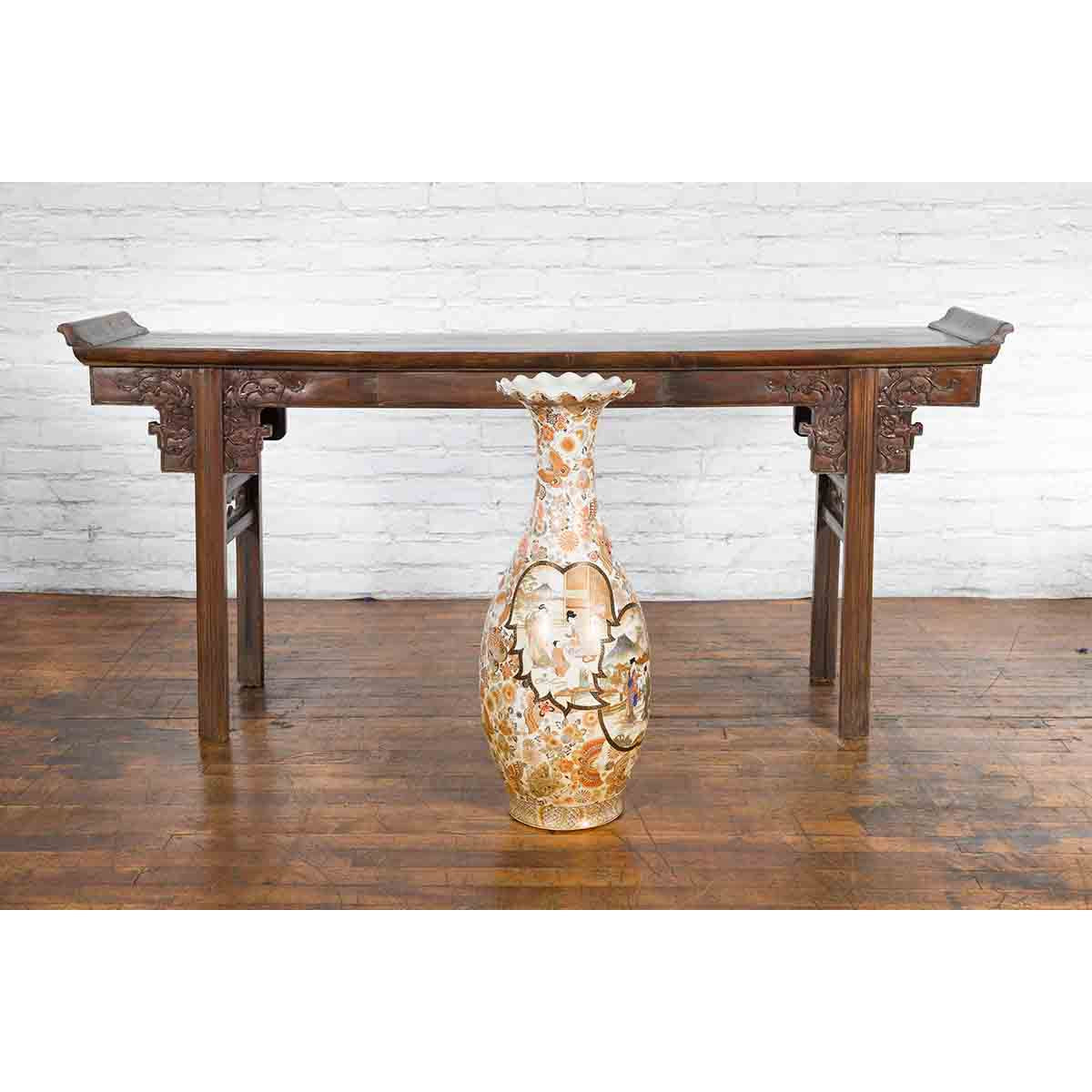 Large Japanese Vintage Kutani Style Scalloped Palace Vase with Court Scenes-12. Asian & Chinese Furniture, Art, Antiques, Vintage Home Décor for sale at FEA Home