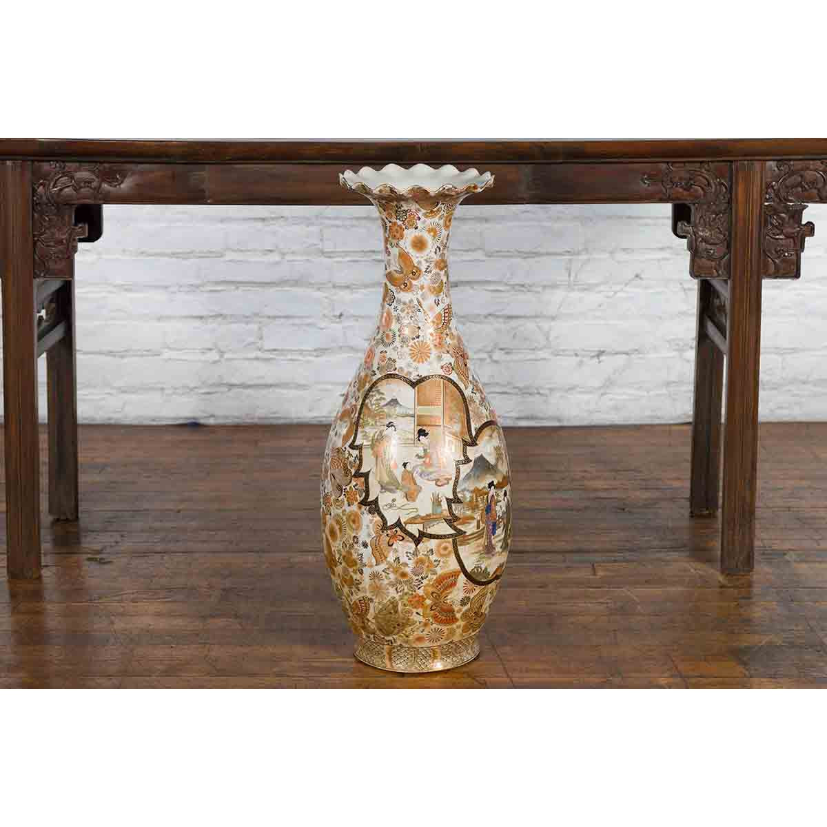 Large Japanese Vintage Kutani Style Scalloped Palace Vase with Court Scenes-13. Asian & Chinese Furniture, Art, Antiques, Vintage Home Décor for sale at FEA Home