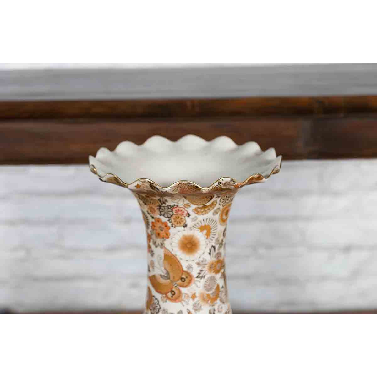 Large Japanese Vintage Kutani Style Scalloped Palace Vase with Court Scenes-14. Asian & Chinese Furniture, Art, Antiques, Vintage Home Décor for sale at FEA Home