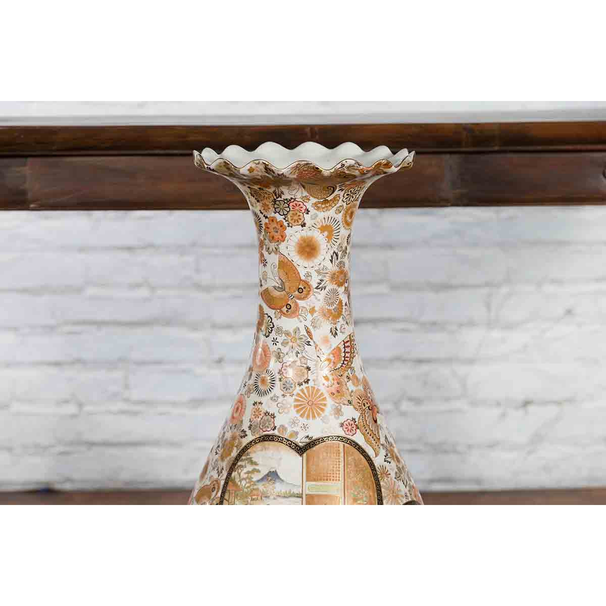 Large Japanese Vintage Kutani Style Scalloped Palace Vase with Court Scenes-5. Asian & Chinese Furniture, Art, Antiques, Vintage Home Décor for sale at FEA Home