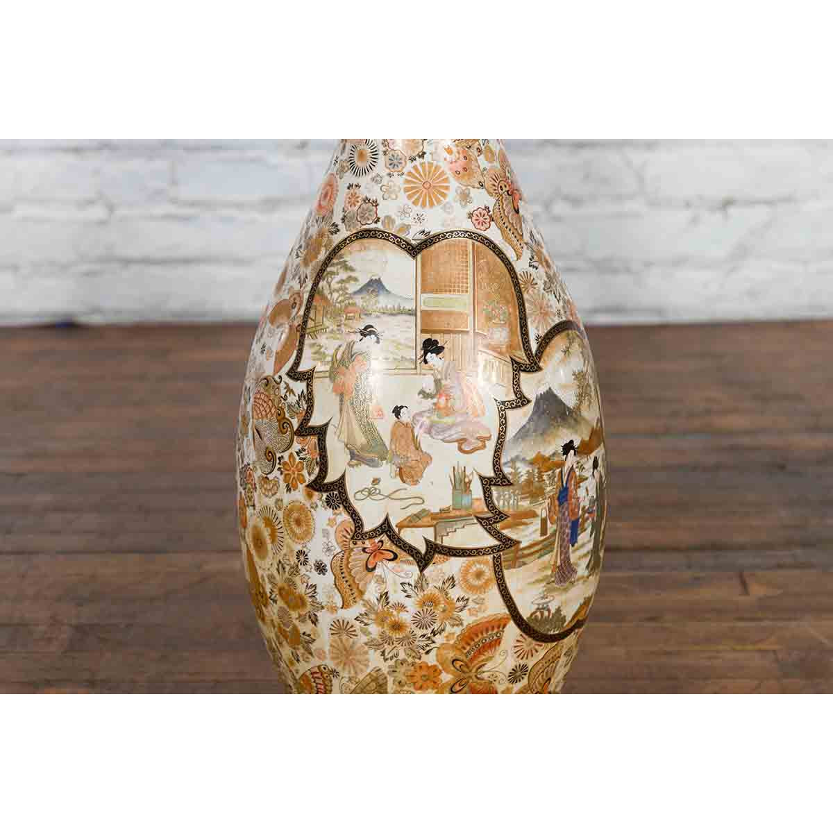 Large Japanese Vintage Kutani Style Scalloped Palace Vase with Court Scenes-6. Asian & Chinese Furniture, Art, Antiques, Vintage Home Décor for sale at FEA Home