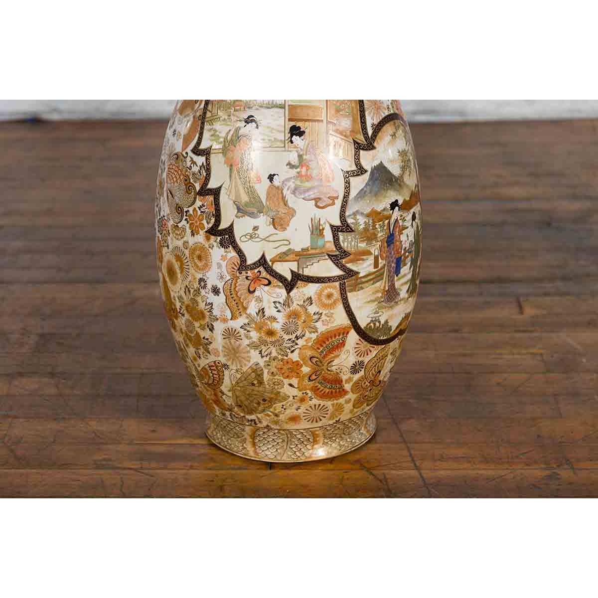 Large Japanese Vintage Kutani Style Scalloped Palace Vase with Court Scenes-7. Asian & Chinese Furniture, Art, Antiques, Vintage Home Décor for sale at FEA Home
