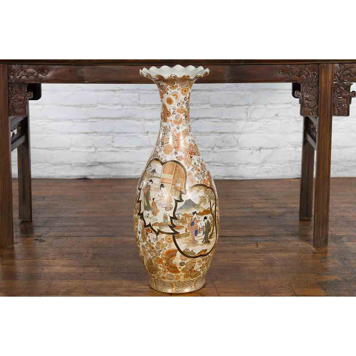 Large Japanese Vintage Kutani Style Scalloped Palace Vase with Court Scenes-8. Asian & Chinese Furniture, Art, Antiques, Vintage Home Décor for sale at FEA Home