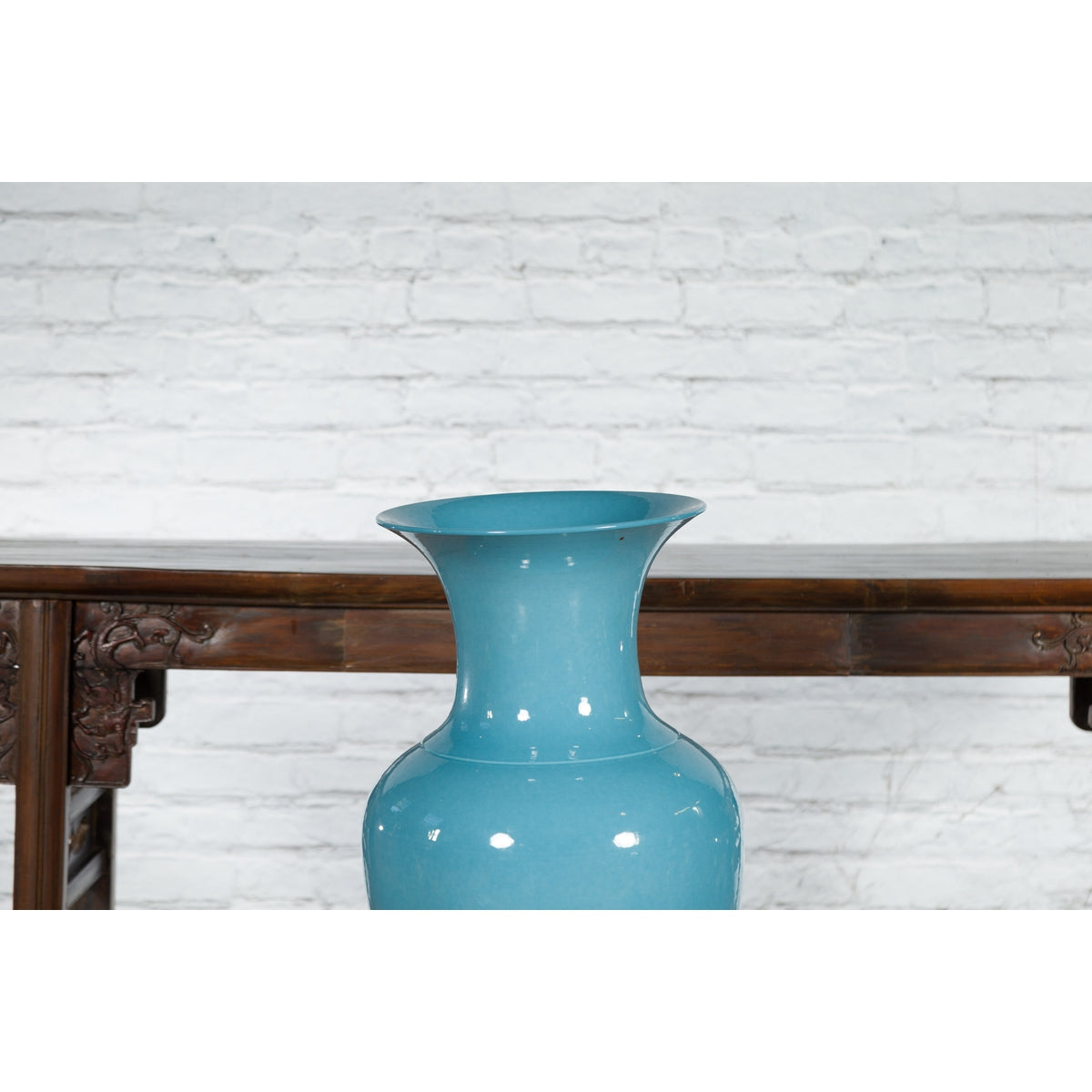 Tall Prem Collection Soft Blue Glazed Artisan Ceramic Vase with Flaring Neck-4. Asian & Chinese Furniture, Art, Antiques, Vintage Home Décor for sale at FEA Home