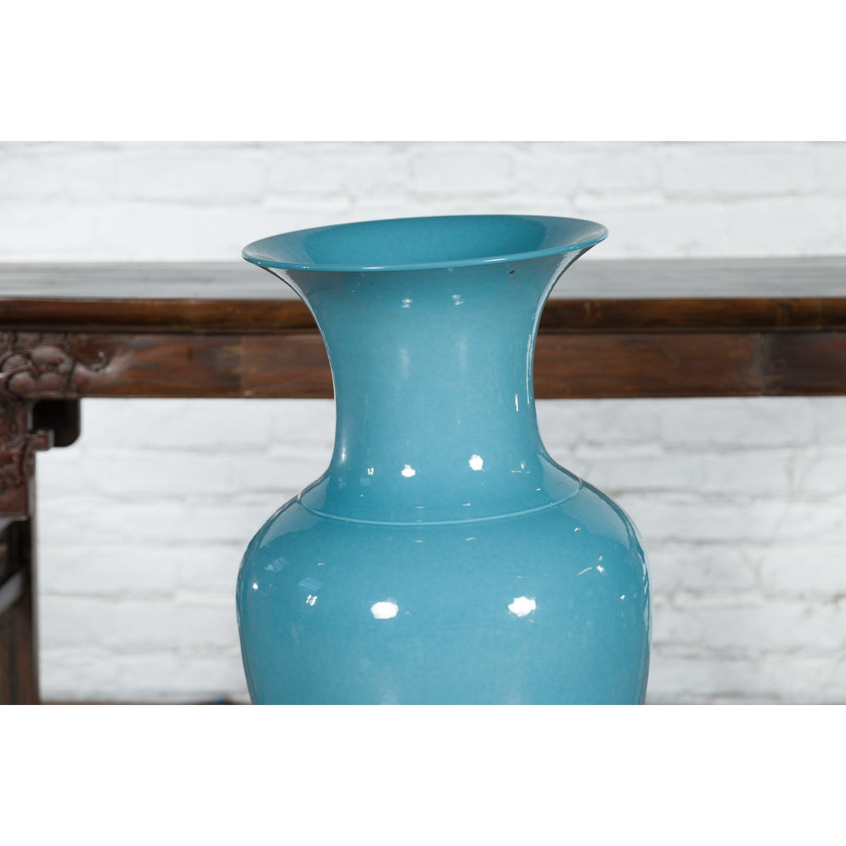 Tall Prem Collection Soft Blue Glazed Artisan Ceramic Vase with Flaring Neck-5. Asian & Chinese Furniture, Art, Antiques, Vintage Home Décor for sale at FEA Home