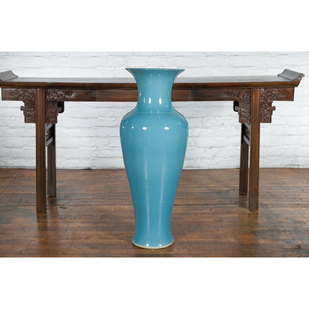 Tall Prem Collection Soft Blue Glazed Artisan Ceramic Vase with Flaring Neck-7. Asian & Chinese Furniture, Art, Antiques, Vintage Home Décor for sale at FEA Home