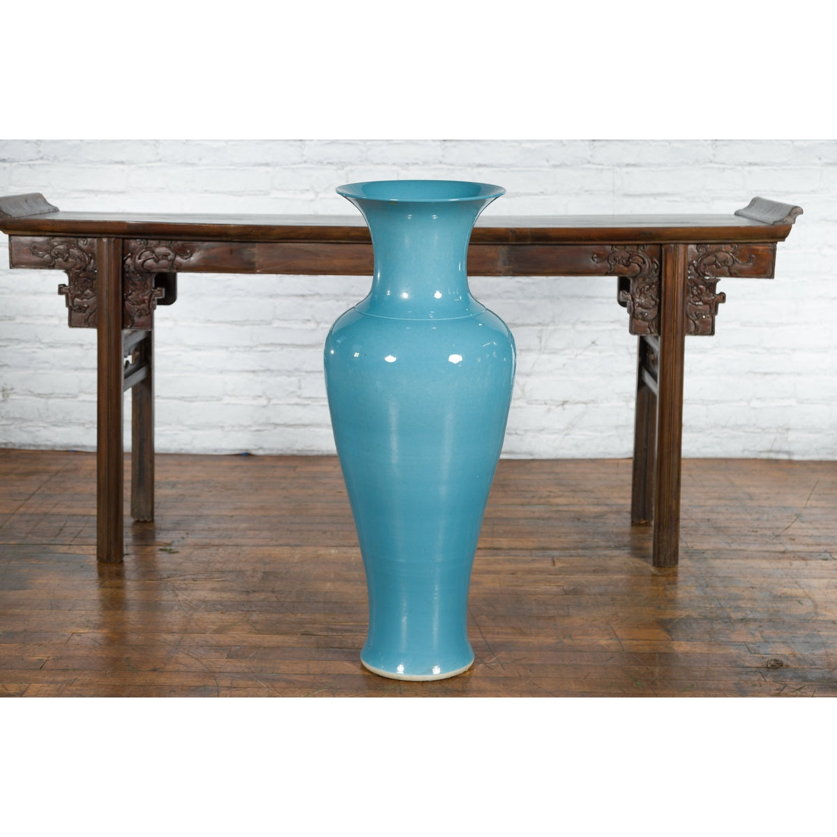 Tall Prem Collection Soft Blue Glazed Artisan Ceramic Vase with Flaring Neck-8. Asian & Chinese Furniture, Art, Antiques, Vintage Home Décor for sale at FEA Home