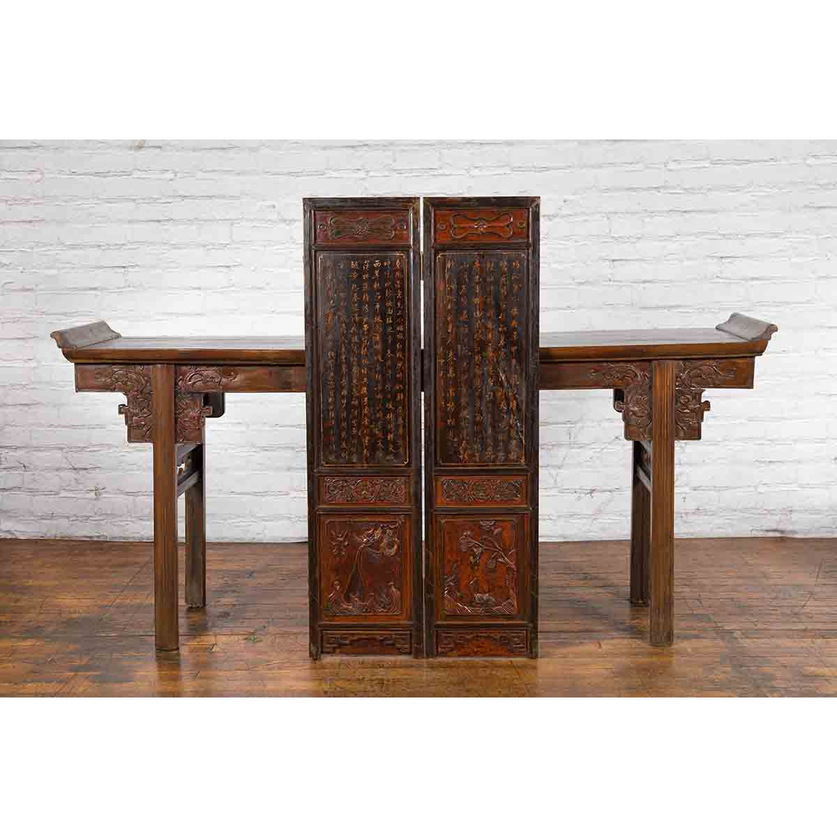 Chinese Early 20th Century Brown and Red Two-Panel Screen with Calligraphy-16. Asian & Chinese Furniture, Art, Antiques, Vintage Home Décor for sale at FEA Home