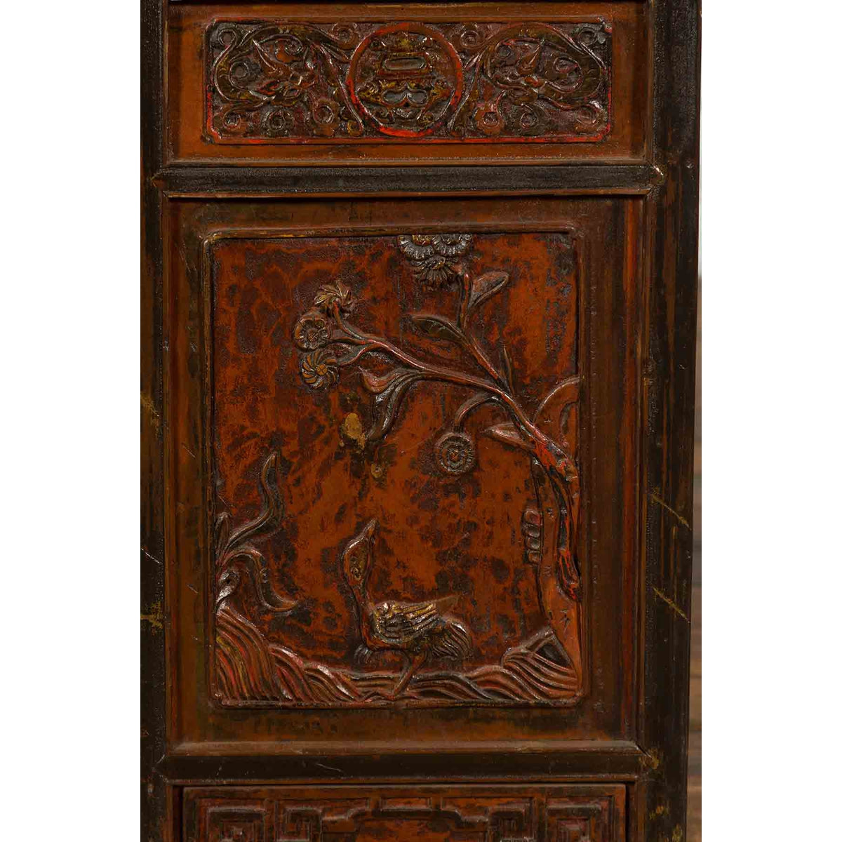 Chinese Early 20th Century Brown and Red Two-Panel Screen with Calligraphy-11. Asian & Chinese Furniture, Art, Antiques, Vintage Home Décor for sale at FEA Home