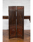 Chinese Early 20th Century Brown and Red Two-Panel Screen with Calligraphy-3. Asian & Chinese Furniture, Art, Antiques, Vintage Home Décor for sale at FEA Home