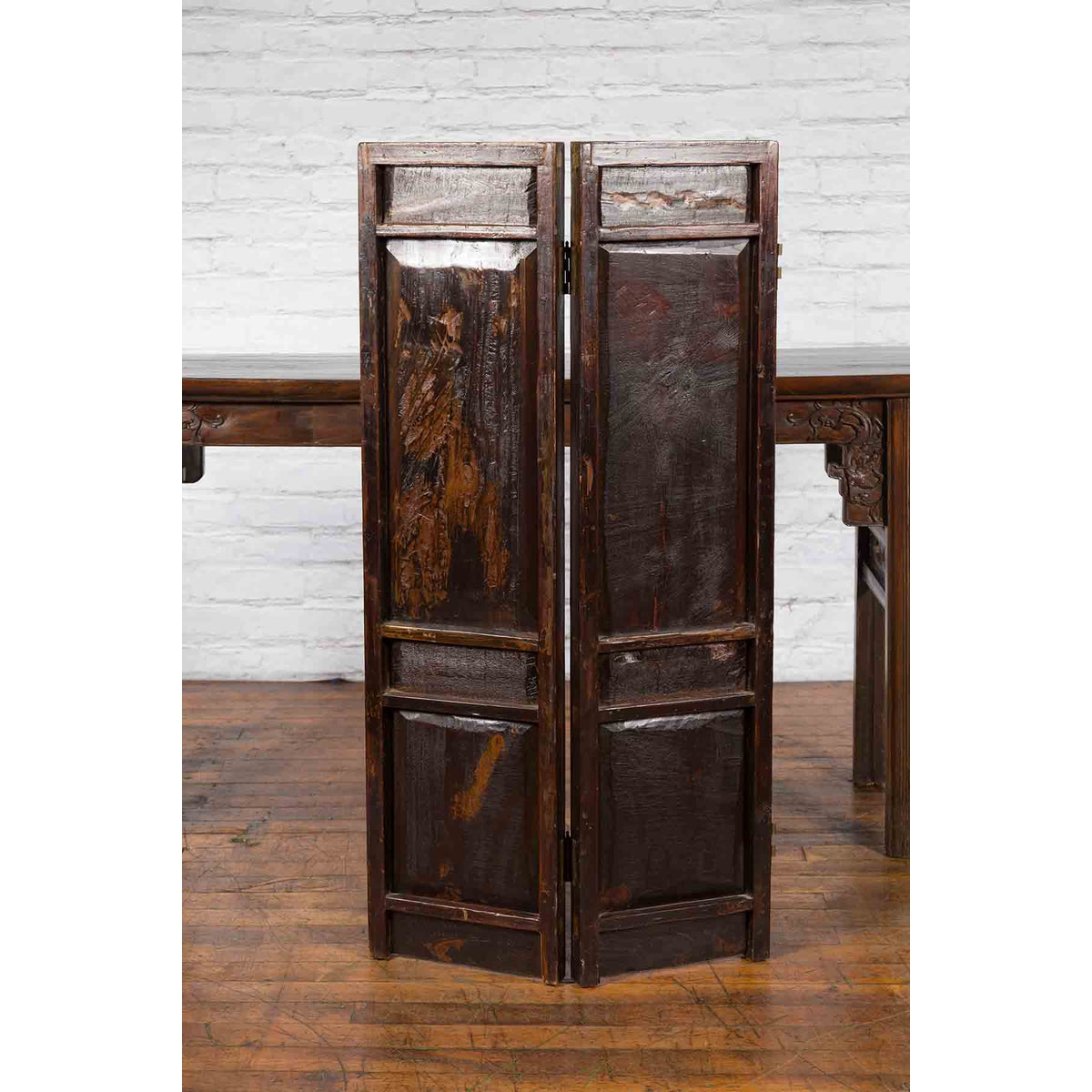 Chinese Early 20th Century Brown and Red Two-Panel Screen with Calligraphy-4. Asian & Chinese Furniture, Art, Antiques, Vintage Home Décor for sale at FEA Home