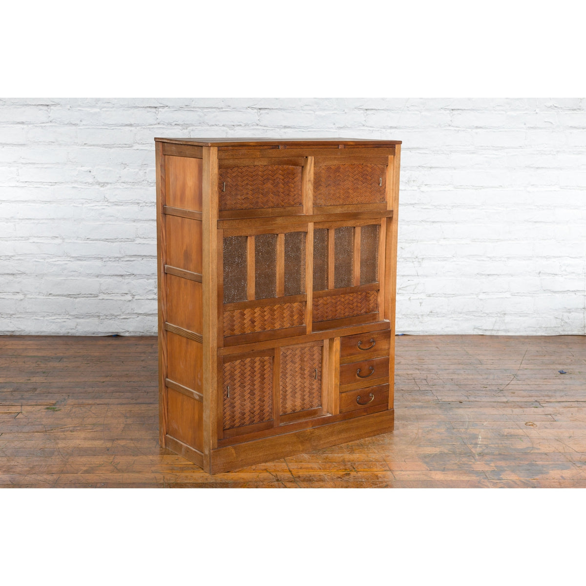 Japanese Antique Kitchen Cabinet with Sliding Doors, Rattan and Glass Panels-10. Asian & Chinese Furniture, Art, Antiques, Vintage Home Décor for sale at FEA Home