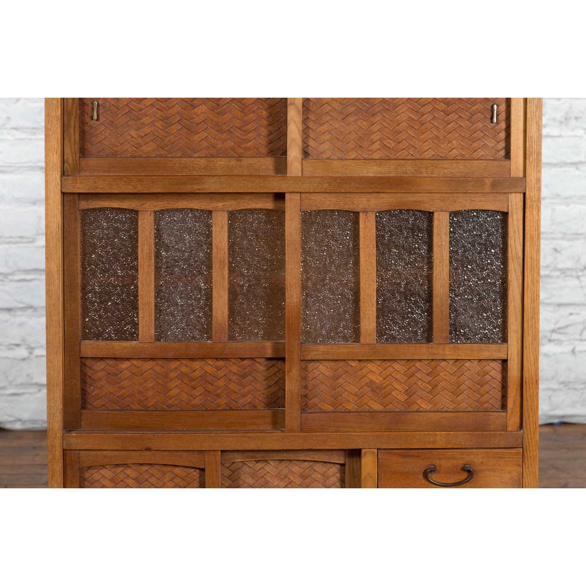 Japanese Antique Kitchen Cabinet with Sliding Doors, Rattan and Glass Panels-6. Asian & Chinese Furniture, Art, Antiques, Vintage Home Décor for sale at FEA Home