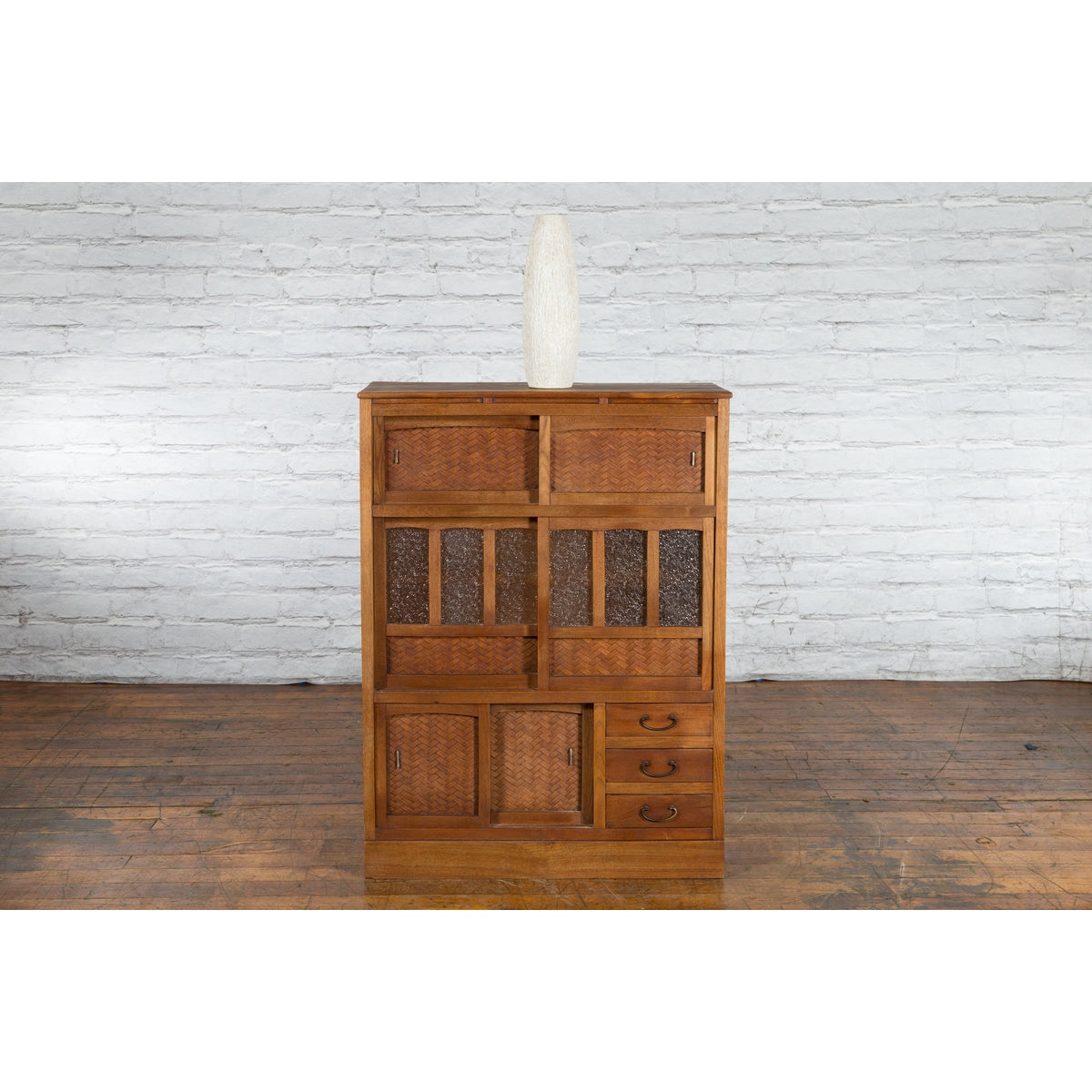 Japanese Antique Kitchen Cabinet with Sliding Doors, Rattan and Glass Panels-9. Asian & Chinese Furniture, Art, Antiques, Vintage Home Décor for sale at FEA Home