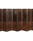 Brown and red Chinese eight-panel screen with gilt motifs and intricate carved details, early 20th century.