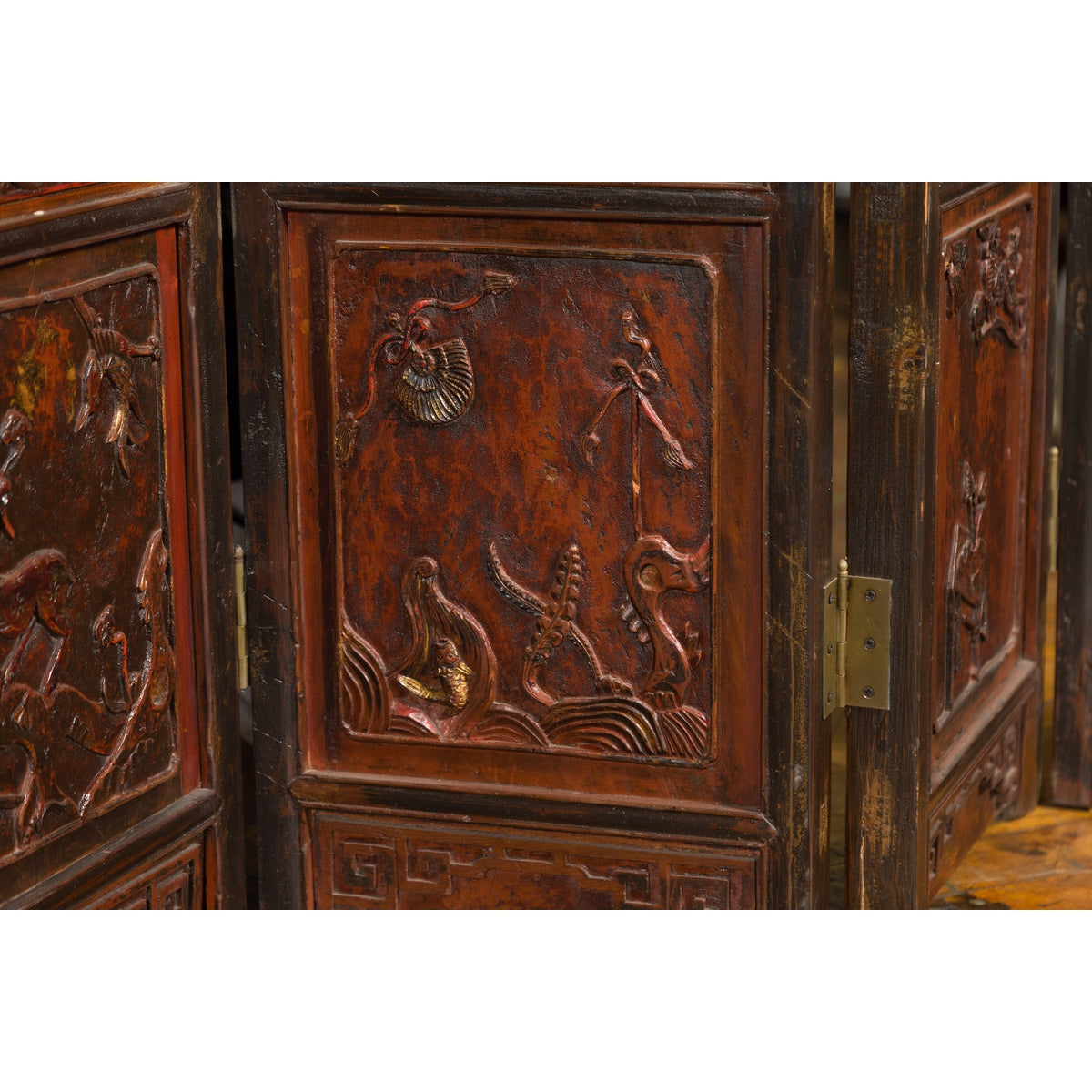 Chinese Early 20th Century Brown and Red Eight-Panel Screen with Calligraphy-14. Asian & Chinese Furniture, Art, Antiques, Vintage Home Décor for sale at FEA Home