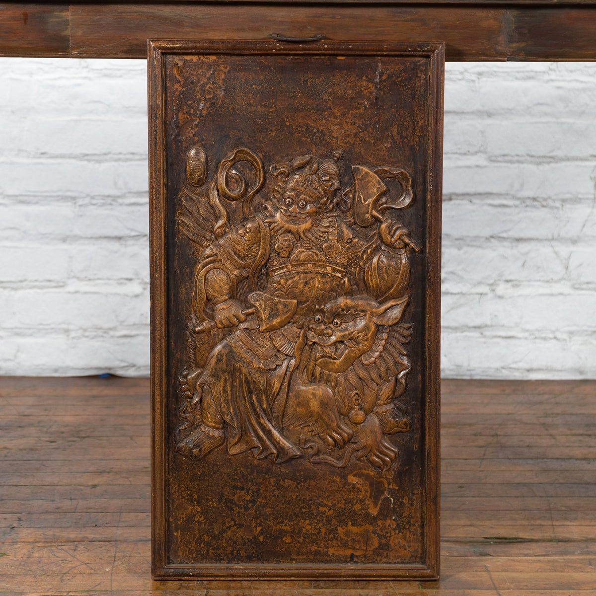 Chinese Zhejiang Vintage Low-Relief Wall Plaque Depicting a Celestial Guardian-3. Asian & Chinese Furniture, Art, Antiques, Vintage Home Décor for sale at FEA Home
