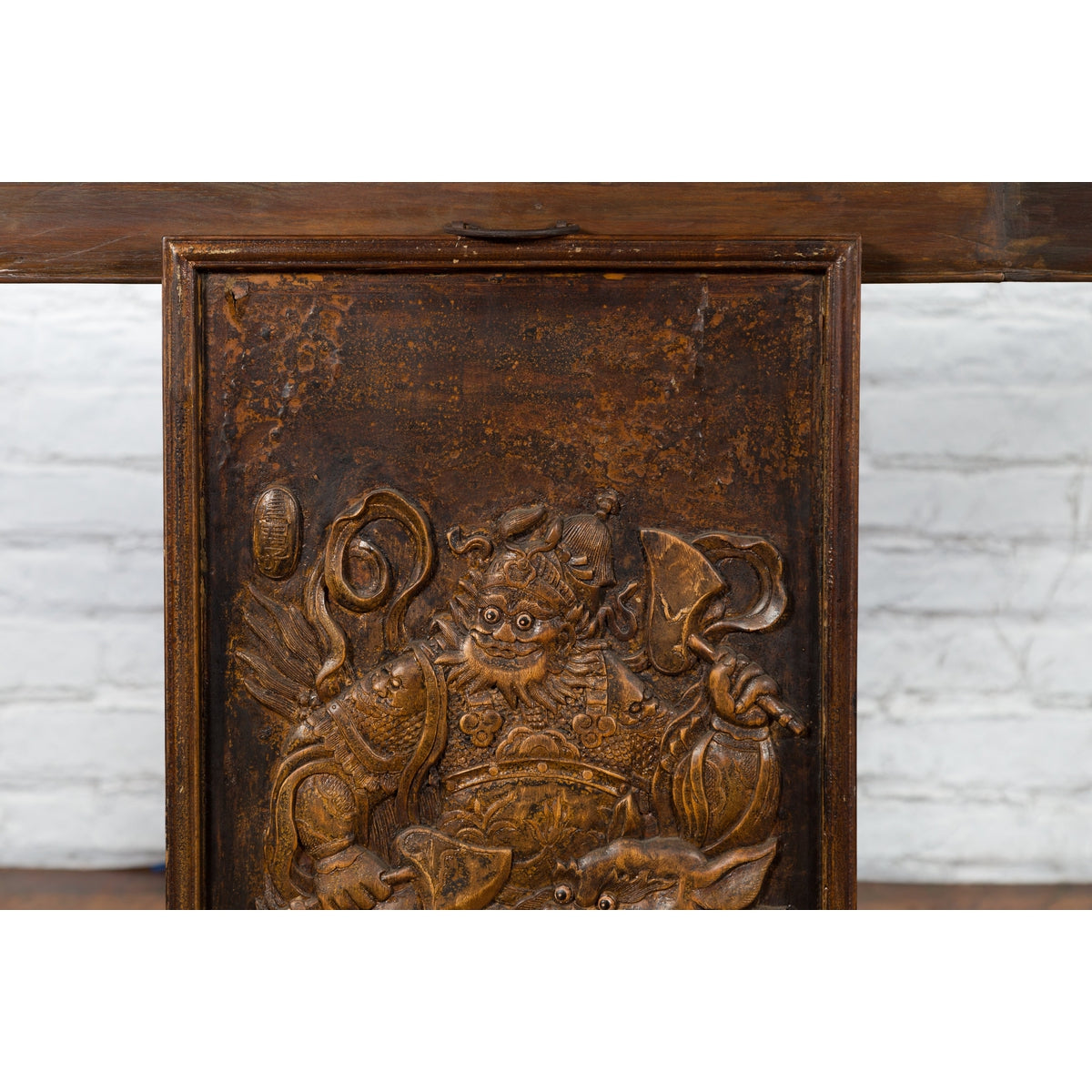 Chinese Zhejiang Vintage Low-Relief Wall Plaque Depicting a Celestial Guardian-4. Asian & Chinese Furniture, Art, Antiques, Vintage Home Décor for sale at FEA Home