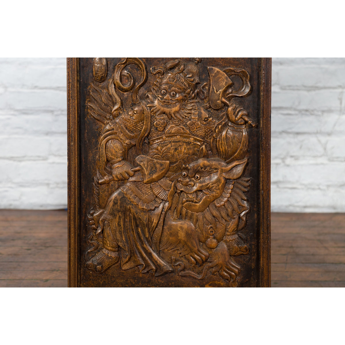Chinese Zhejiang Vintage Low-Relief Wall Plaque Depicting a Celestial Guardian-5. Asian & Chinese Furniture, Art, Antiques, Vintage Home Décor for sale at FEA Home