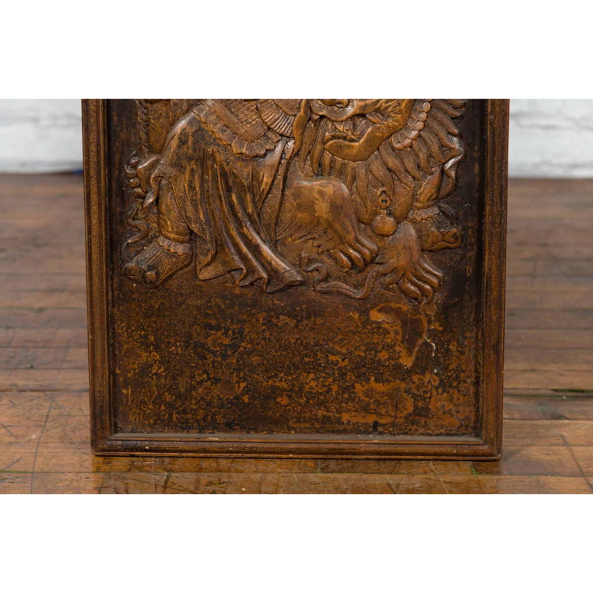 Chinese Zhejiang Vintage Low-Relief Wall Plaque Depicting a Celestial Guardian-6. Asian & Chinese Furniture, Art, Antiques, Vintage Home Décor for sale at FEA Home