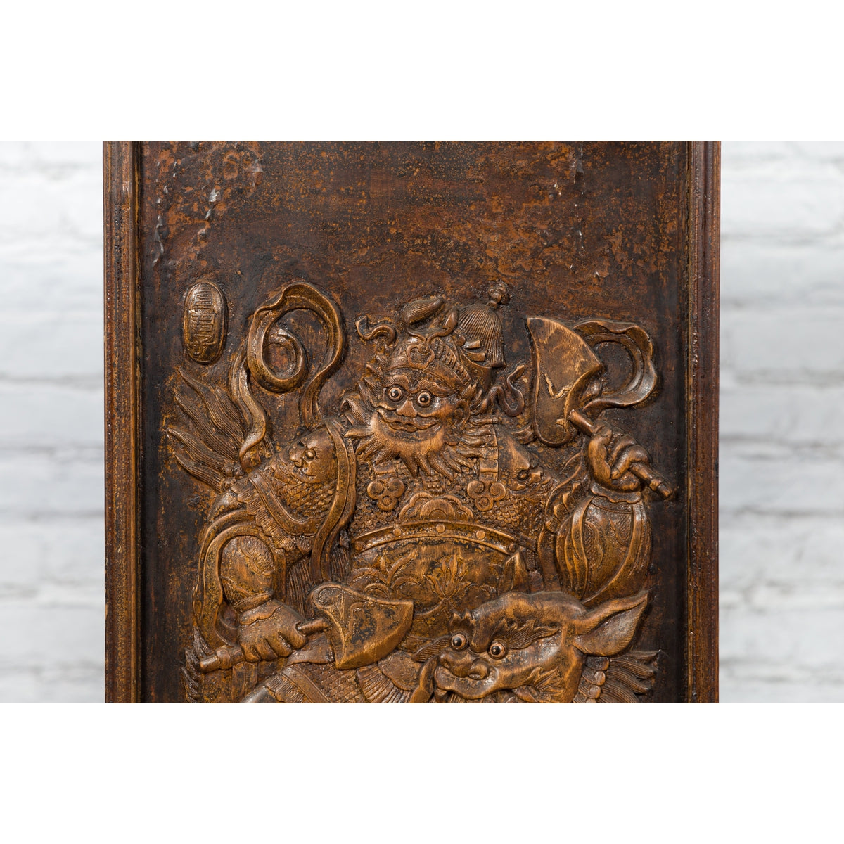 Chinese Zhejiang Vintage Low-Relief Wall Plaque Depicting a Celestial Guardian-7. Asian & Chinese Furniture, Art, Antiques, Vintage Home Décor for sale at FEA Home