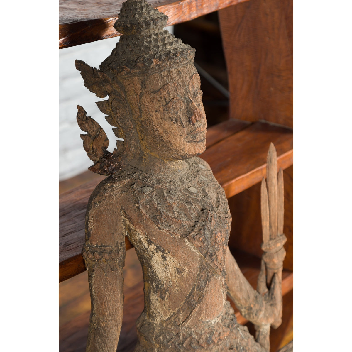 Hand-Carved Wooden Temple Sculpture Depicting a Thai Warrior Ready for Battle-15. Asian & Chinese Furniture, Art, Antiques, Vintage Home Décor for sale at FEA Home