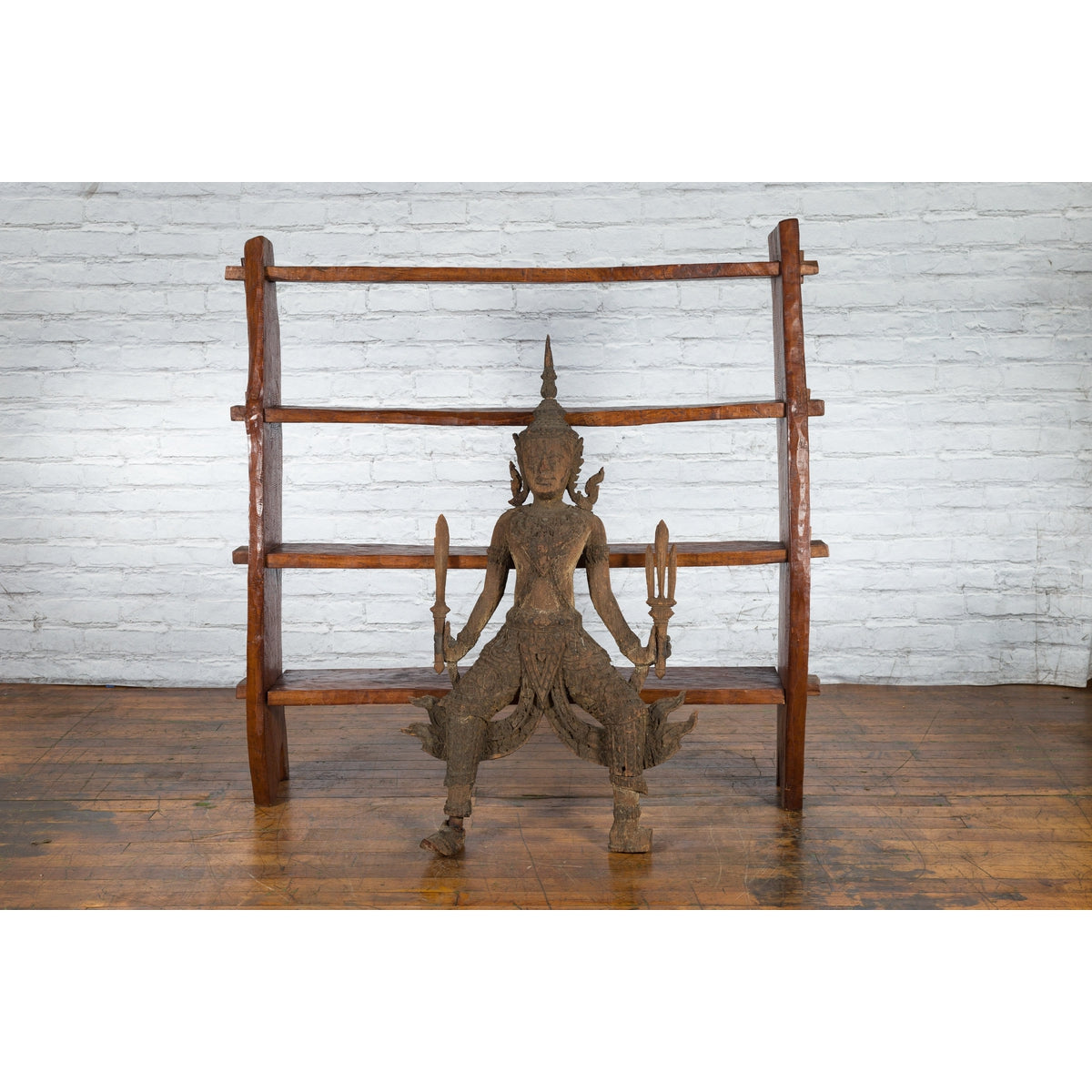 Hand-Carved Wooden Temple Sculpture Depicting a Thai Warrior Ready for Battle-3. Asian & Chinese Furniture, Art, Antiques, Vintage Home Décor for sale at FEA Home