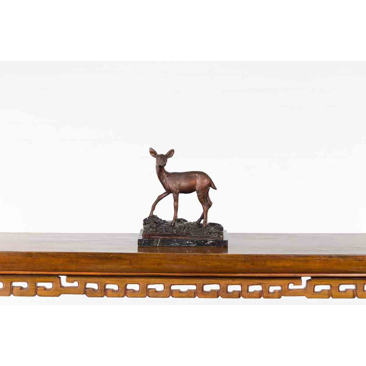 Vintage Lost Wax Cast Bronze Statuette of a Deer Mounted on Marble Base-3. Asian & Chinese Furniture, Art, Antiques, Vintage Home Décor for sale at FEA Home