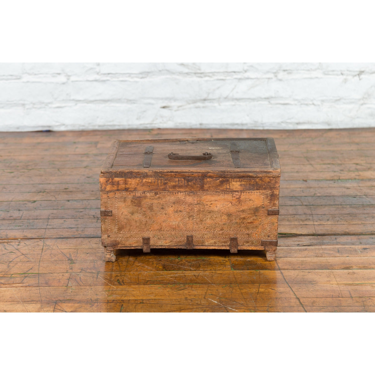 Rustic Indian 19th Century Treasure Box with Carved Rosettes and Small Feet-12. Asian & Chinese Furniture, Art, Antiques, Vintage Home Décor for sale at FEA Home